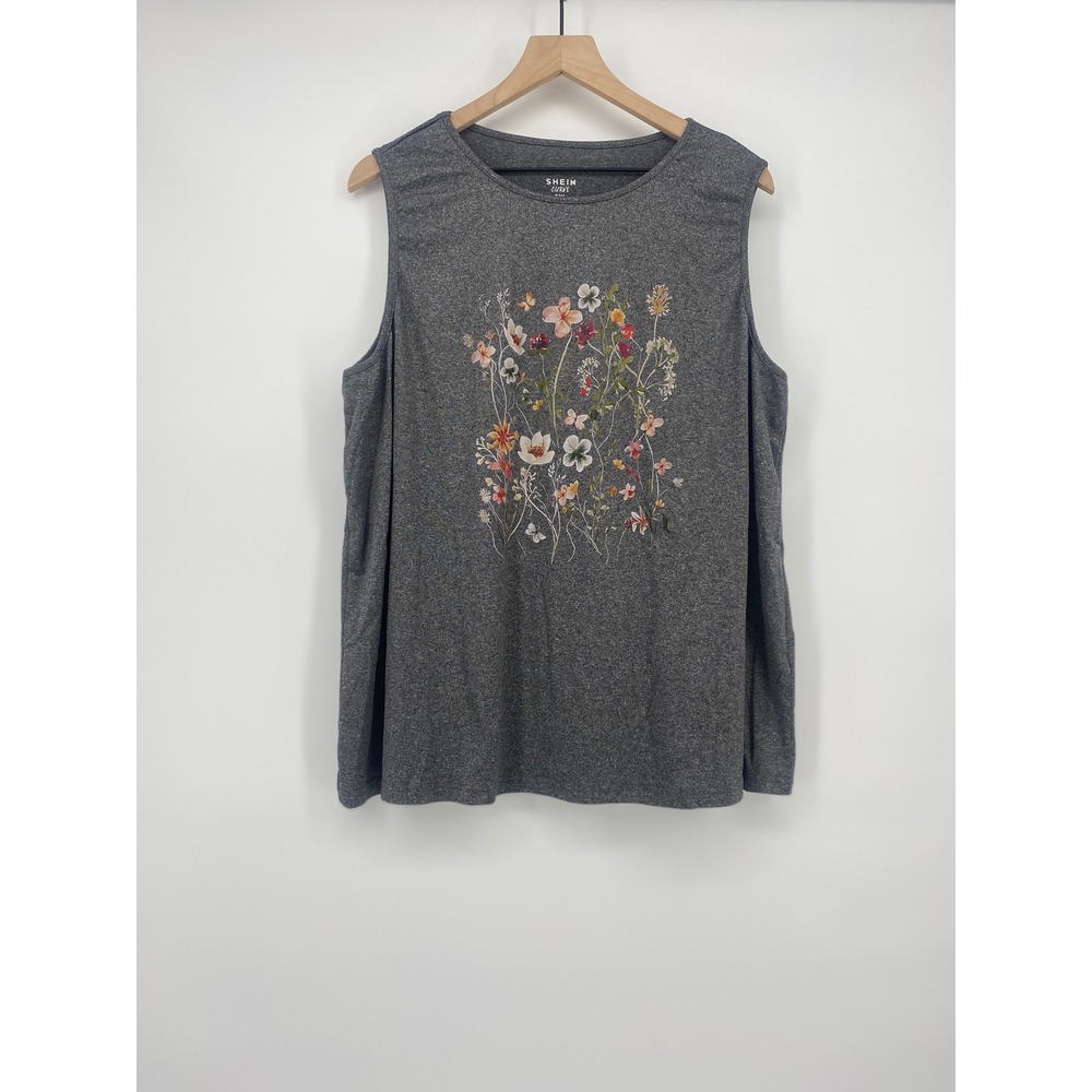 SHEIN Curve Tank Top 3XL Gray Floral Graphic Sleeveless Crew Neck Excellent